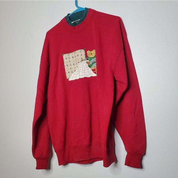 Gopher L Vintage Teddy Bear Sweater Red Green Grannycore Quit 90's - Picture 1 of 7